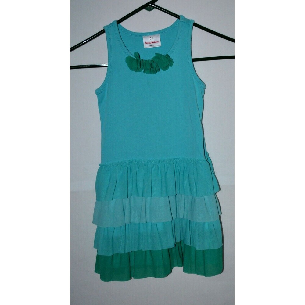 HANNA ANDERSSON Spring Girls Dress Size 5 EU 110 Aqua Blue with Tiered Ruffles